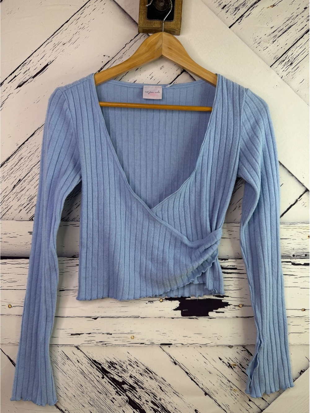 Urban Outfitters Ballet Y2K Coquette Soft Blue Cropped Wrap Long Sleeve Womens M